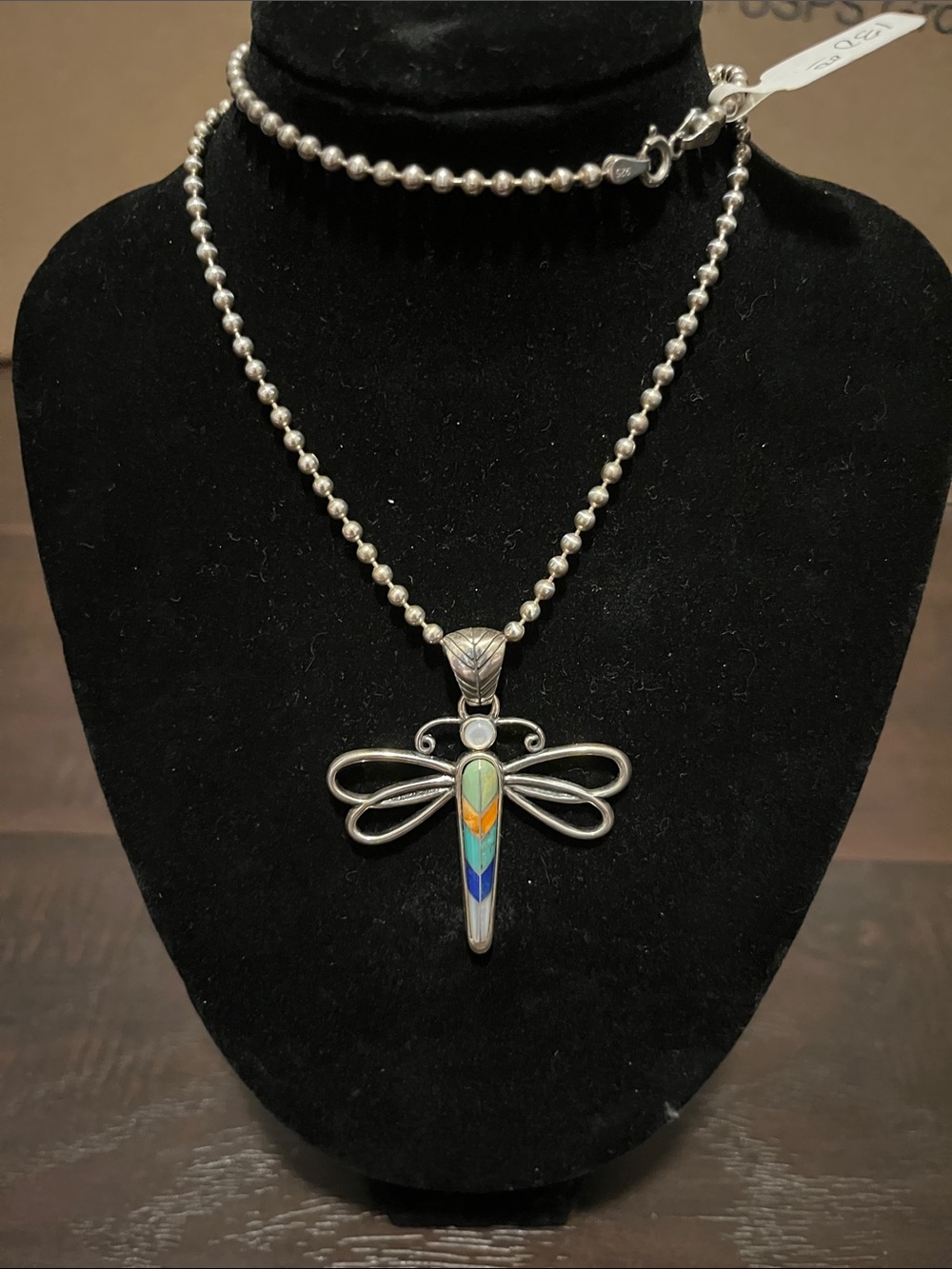 Carolyn Pollack Sterling Dragonfly Necklace with Blue Turquoise and Orange Inlay